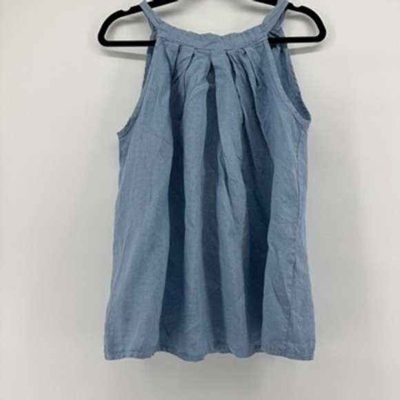 Bellambra Tank Top Med Pleated Sleeveless Blue Linen Bow accent Made in Italy - Picture 1 of 8